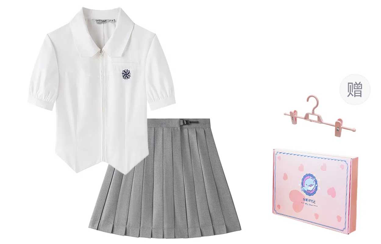 东鲸岁时记 学院风刺绣翻领双拉链短袖衬衫百褶裙制服 女款 礼盒装