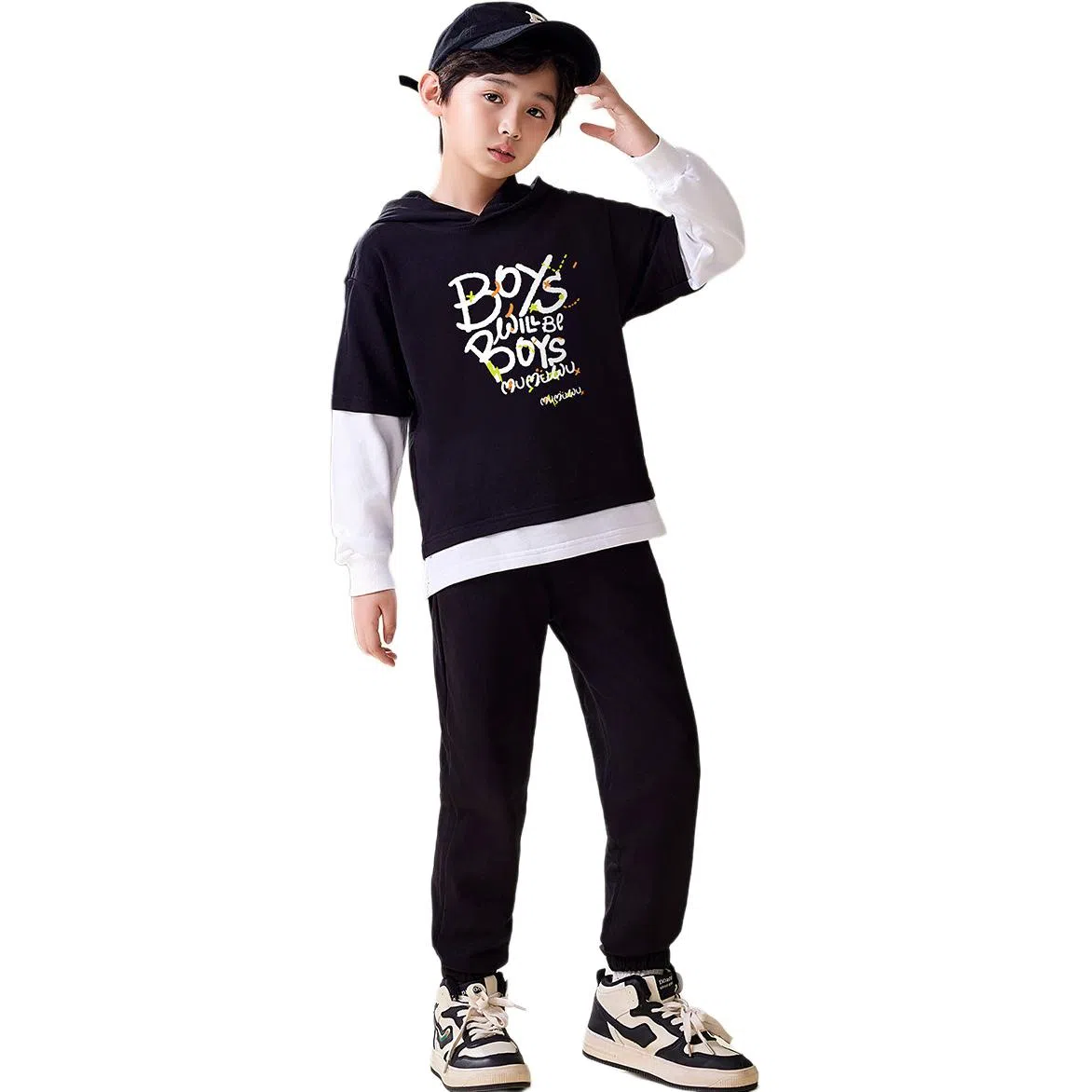 木木屋 时尚柔软亲肤洋气个性潮流休闲运动套装 黑色青少年