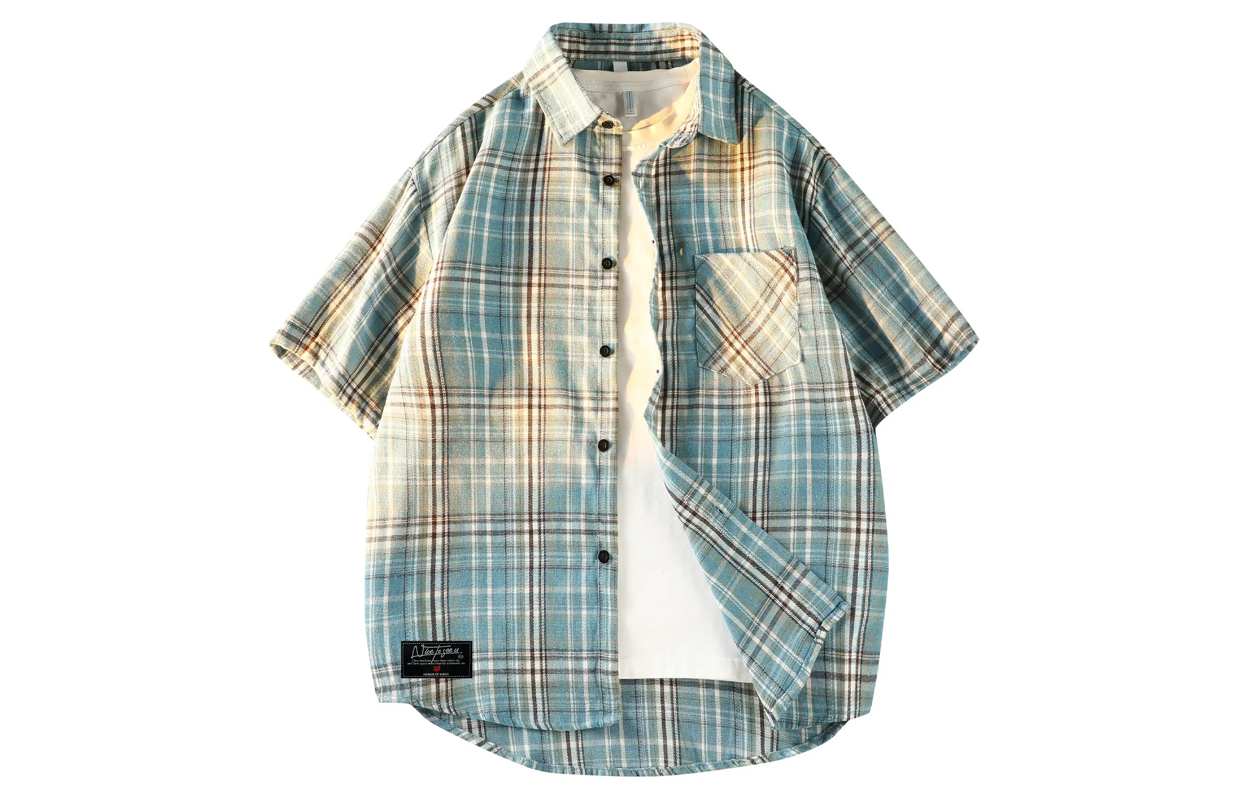 王者荣耀 标语款 美式复古格子宽松休闲舒适高街少年感高颜值百搭时尚潮流翻领纽扣短袖衬衫 男女同款