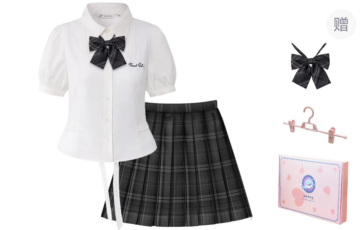东鲸岁时记 学院风刺绣翻领双拉链短袖衬衫百褶裙制服 女款 礼盒装