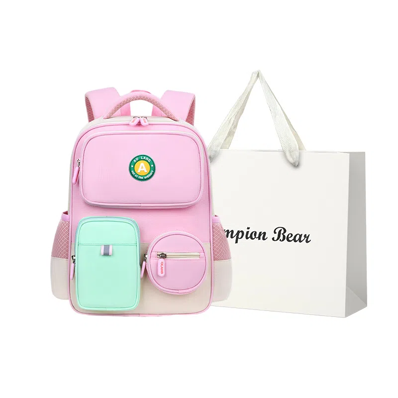 冠军小熊 减负轻便拼色 斜纹布 学生包 大号 儿童款 粉色/红色/绿色