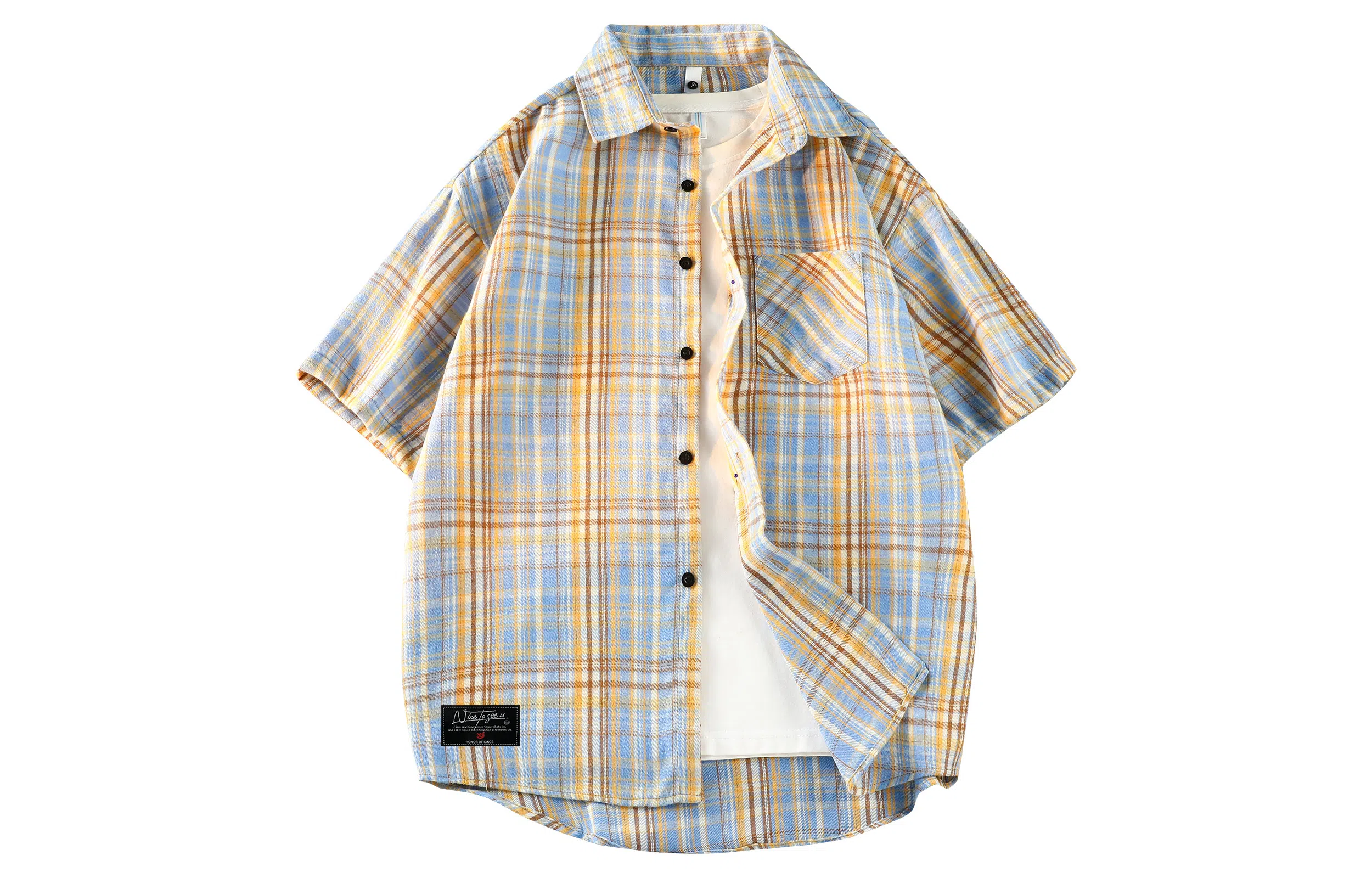 王者荣耀 标语款 美式复古格子宽松休闲舒适高街少年感高颜值百搭时尚潮流翻领纽扣短袖衬衫 男女同款