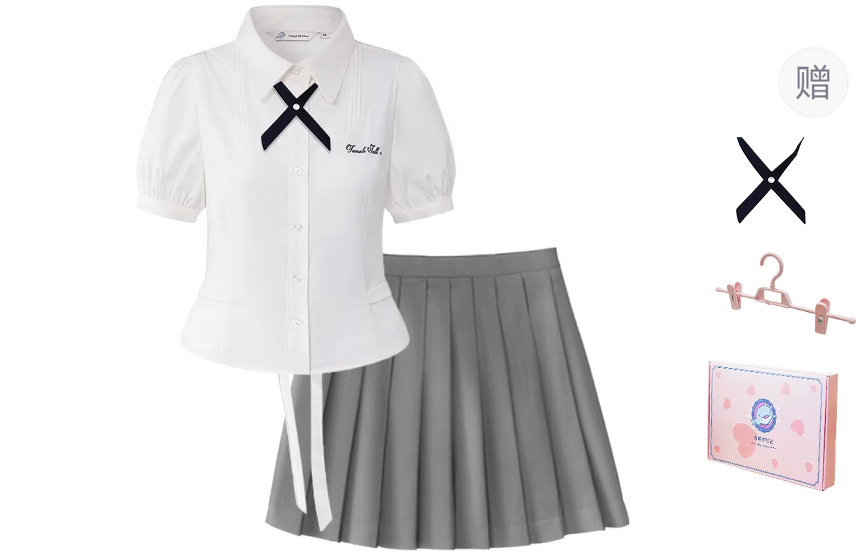 东鲸岁时记 学院风刺绣翻领双拉链短袖衬衫百褶裙制服 女款 礼盒装
