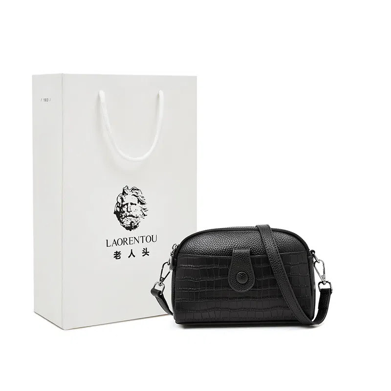 老人头 时尚简约百搭纯色高级质感 牛皮革 单肩斜挎包 女款 黑色