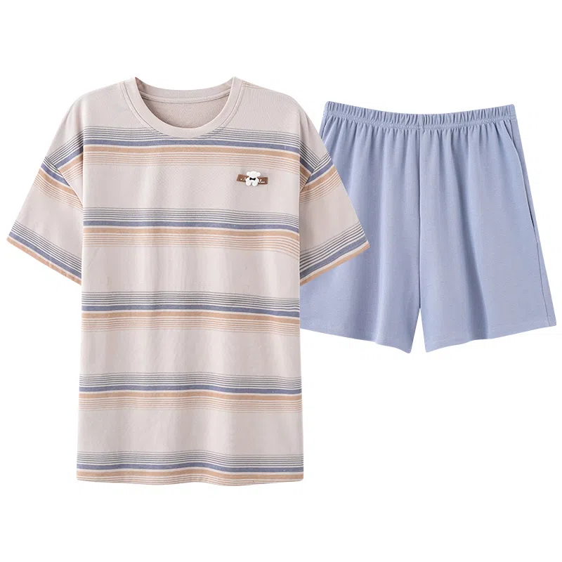 夏芬妍 柔软舒适条纹纯棉圆领家居服休闲舒适短袖时尚可外穿睡衣套装 男女同款