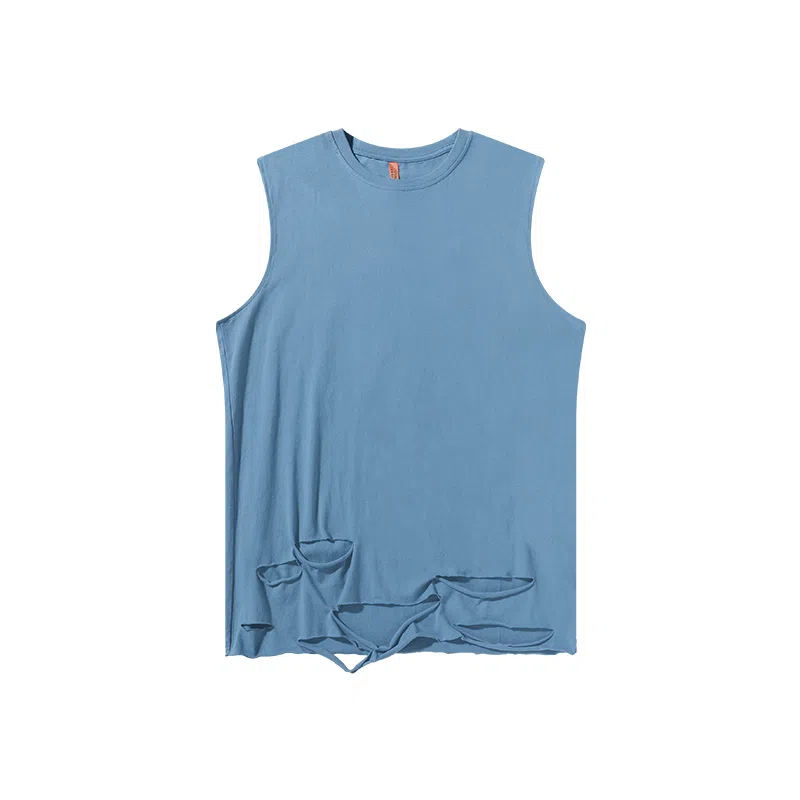 乱步 欧美高街美式纯棉宽松中长款纯色破洞下摆打底衫无袖背心 男女同款