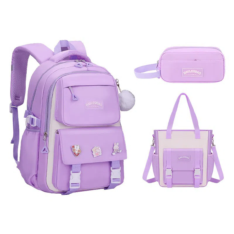 芭菲尼 高颜值减压减负初高中小学生防泼水护脊休闲大容量多隔层旅行学院百搭三件套组合 牛津布 书包背包双肩包 常规 儿童款 多色