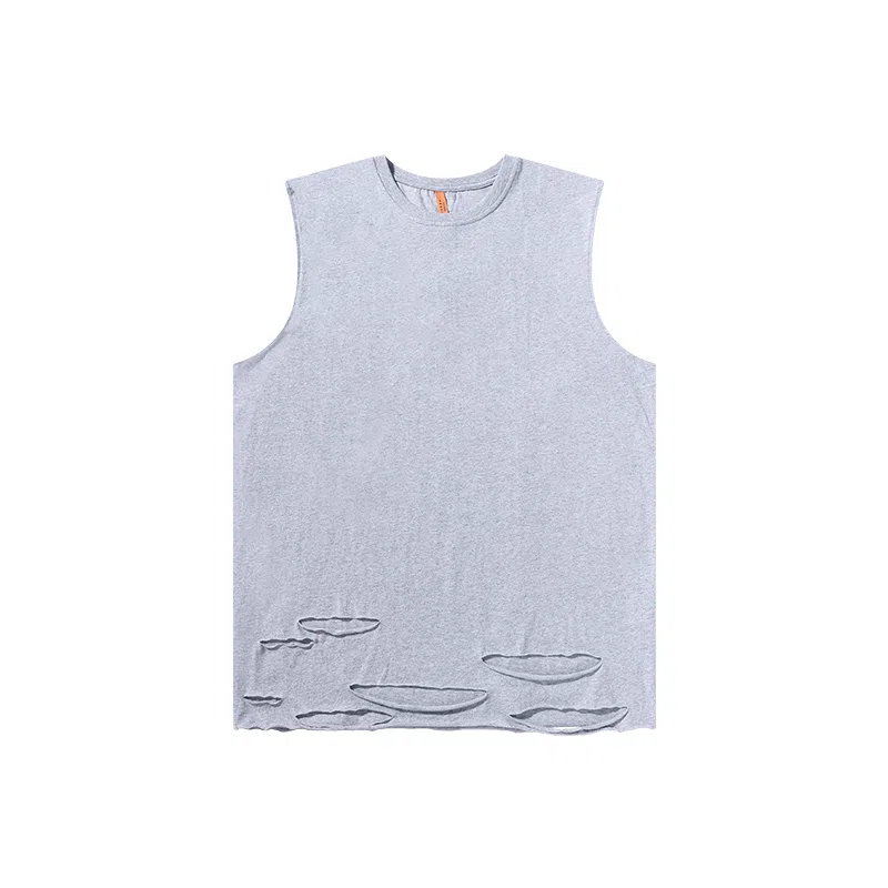 乱步 欧美高街美式纯棉宽松中长款纯色破洞下摆打底衫无袖背心 男女同款