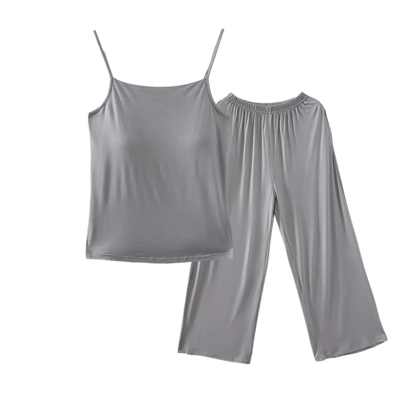 莫代尔 舒适休闲杯垫一体防凸点柔软轻薄透气百搭时尚亲肤细腻无袖长裤家居服春夏秋睡衣套装 女款