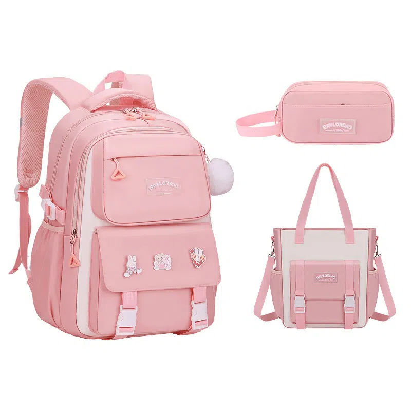 芭菲尼 高颜值减压减负初高中小学生防泼水护脊休闲大容量多隔层旅行学院百搭三件套组合 牛津布 书包背包双肩包 常规 儿童款 多色