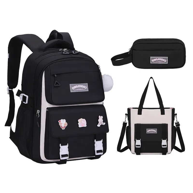 芭菲尼 高颜值减压减负初高中小学生防泼水护脊休闲大容量多隔层旅行学院百搭三件套组合 牛津布 书包背包双肩包 常规 儿童款 多色
