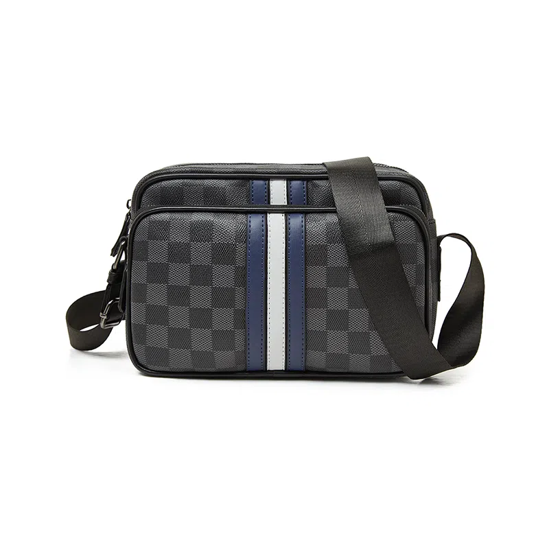 老人头 经典潮流百搭个性通勤格子蓝白条纹 合成革 单肩包 常规 男款 黑色