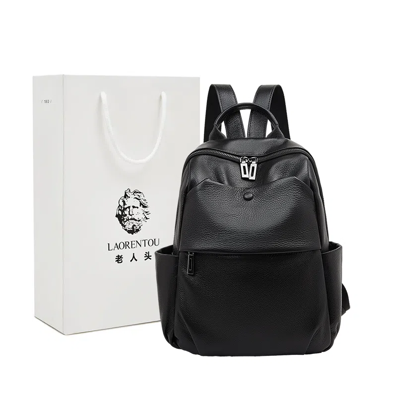 老人头 时尚潮流通勤大学生上课休闲百搭旅行背包 牛皮 双肩包 常规 女款 黑色/白色/粉色