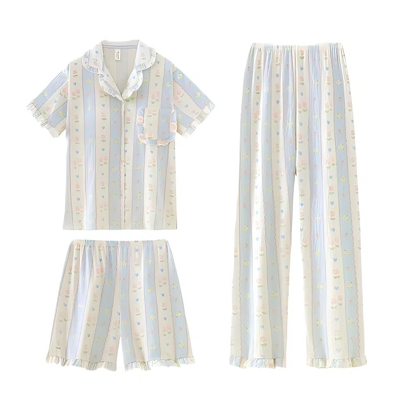 夏芬妍 柔软舒适条纹郁金香碎花云朵棉翻领开衫带胸垫家居服亲肤休闲短袖三件套时尚可外穿睡衣套装 女款 淡蓝色