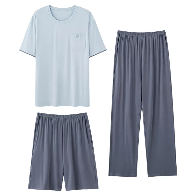 莫代尔 气质时尚个性大方圆领韩版百搭简洁休闲舒适柔软细腻短袖长裤家居服可外穿睡衣套装 男款