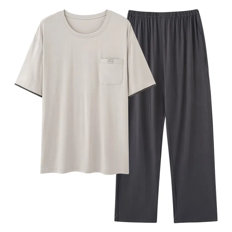 莫代尔 莫代尔系列 简约休闲舒适百搭圆领韩版时尚个性柔软亲肤细腻短袖长裤家居服可外穿睡衣套装 男款