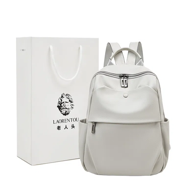 老人头 时尚潮流通勤大学生上课休闲百搭旅行背包 牛皮 双肩包 常规 女款 黑色/白色/粉色