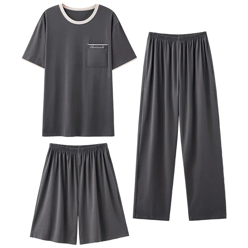 莫代尔 简约舒适休闲时尚圆领套头气质百搭柔软亲肤细腻宽松短袖短裤长裤三件套可外穿居家服睡衣套装 男款