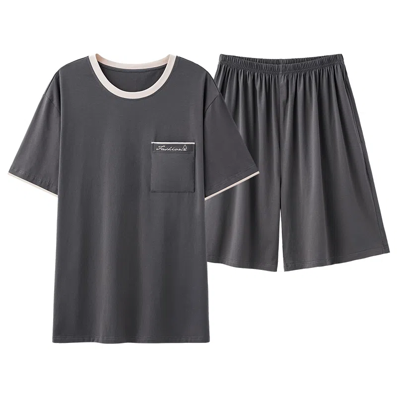 莫代尔 舒适休闲个性大方圆领套头轻盈透气柔软细腻耐磨耐穿短袖短裤两件套家居服可外穿睡衣套装 男款