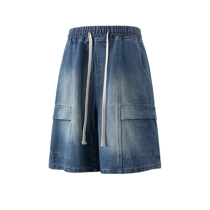 零氏 美式高街工装水洗做旧设计感青春时尚潮流休闲直筒阔腿五分牛仔短裤 男女同款