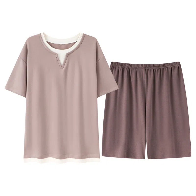夏芬妍 亲肤舒适假两件纯棉圆领家居服柔软休闲短袖短裤时尚可外穿睡衣套装 男款 棕色