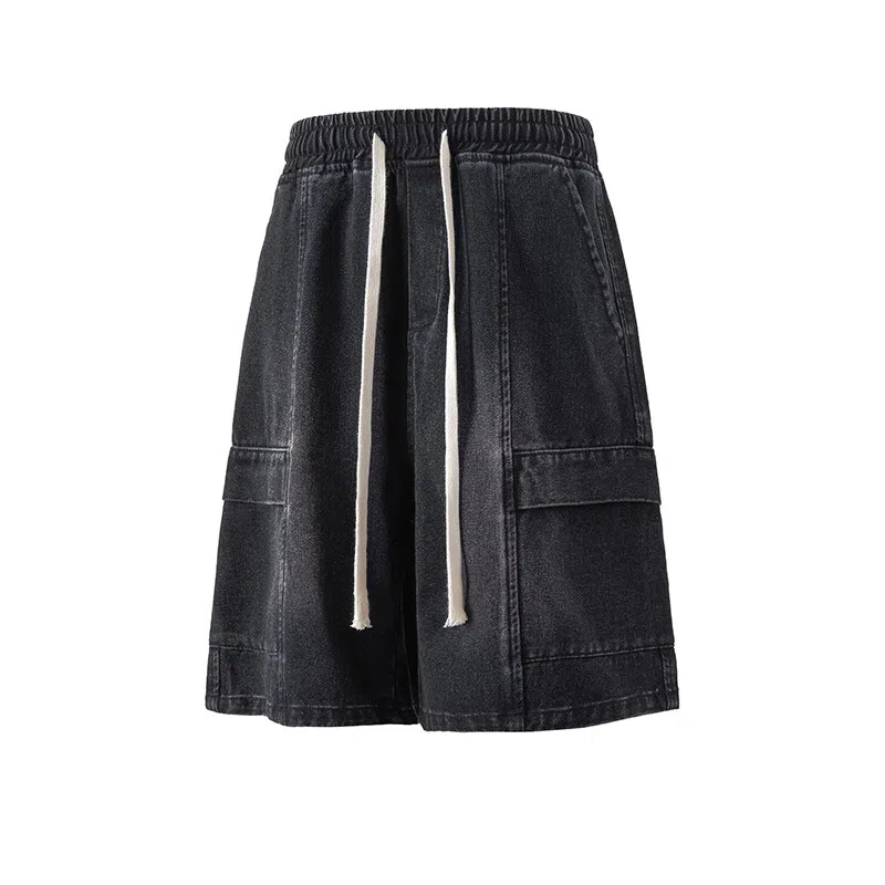 零氏 美式高街工装水洗做旧设计感青春时尚潮流休闲直筒阔腿五分牛仔短裤 男女同款