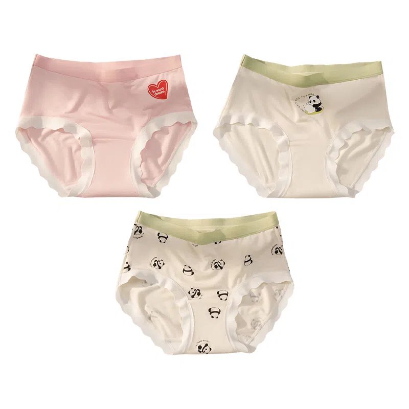 二三二三 轻薄透气无痕三角裤不卡档不夹臀舒适不勒高弹防夹臀亲肤撞色卡通熊猫爱心碎花少女时尚百搭潮流内裤 女款 组合装