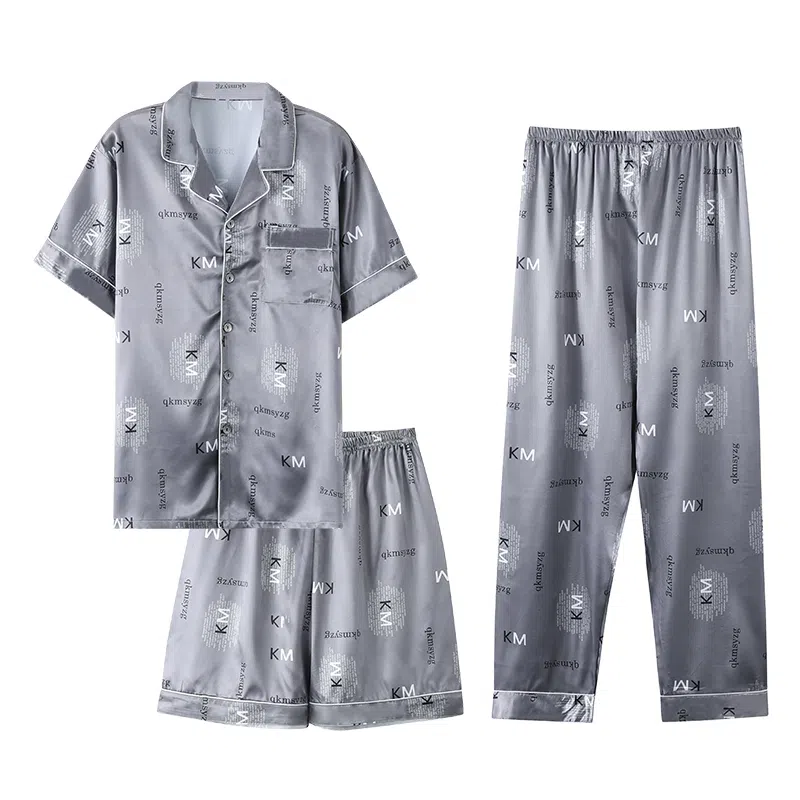 莫代尔 舒适时尚气质百搭翻领开衫轻盈透气耐磨耐穿个性短袖短裤长裤三件套可外穿居家服睡衣套装 男款