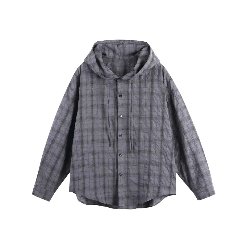 棉基因 空调服轻薄外套美式复古格子防晒服速干连帽潮流搭配上衣夏季长袖衬衫 男女同款
