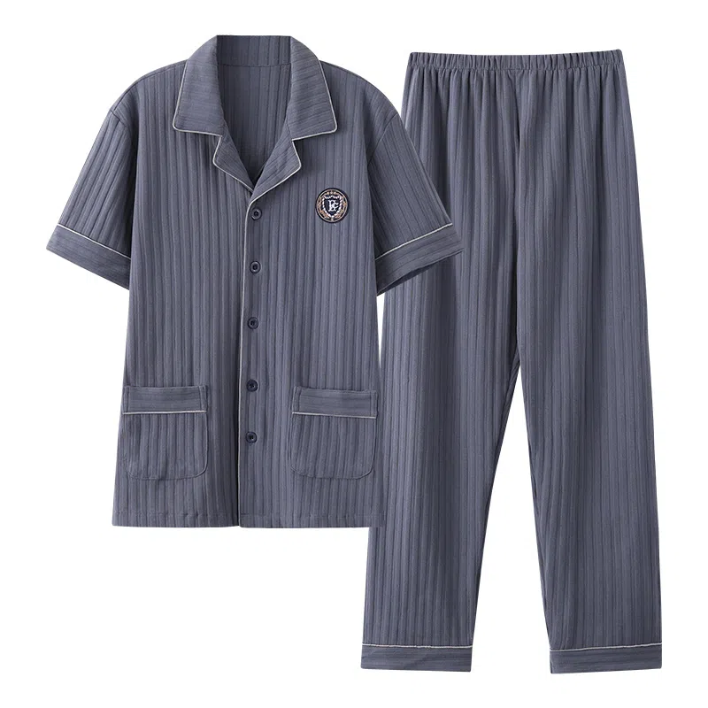 莫代尔 韩版耐磨耐穿舒适翻领开衫简约休闲时尚气质百搭宽松无束缚短袖长裤两件套家居服可外穿睡衣套装 男款