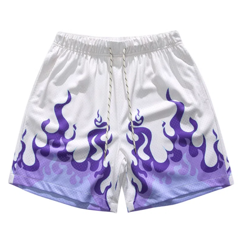 美式复古潮流夏日舒适时尚高街网眼透气火焰印花日常训练个性宽松百搭户外运动轻薄篮球裤 男女同款