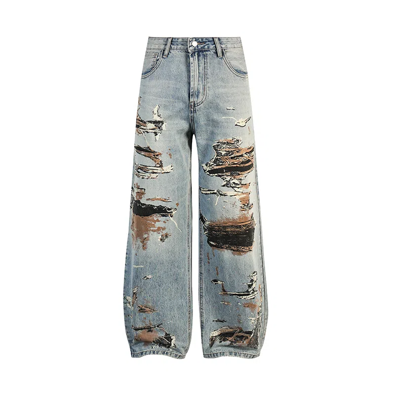 赞仕 美式街头嘻哈宽松直筒印花复古阔腿长裤牛仔裤 男女同款