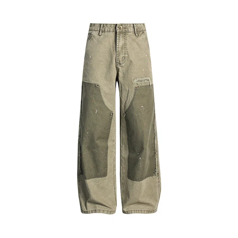 赞仕 美式高街设计感拼接铆钉男士宽松直筒牛仔裤 男款