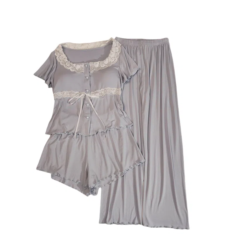 莫代尔 韩版休闲简约轻盈透气套头舒适柔软亲肤细腻带胸垫防凸点短袖家居服睡衣套装 女款