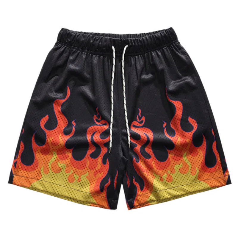 美式复古潮流夏日舒适时尚高街网眼透气火焰印花日常训练个性宽松百搭户外运动轻薄篮球裤 男女同款