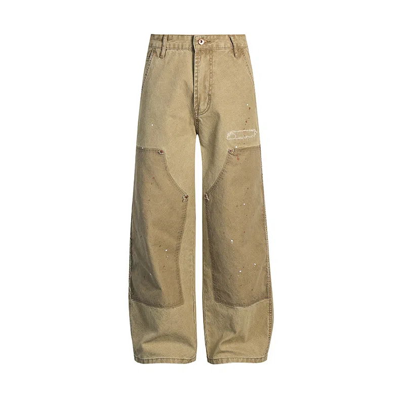 赞仕 美式高街设计感拼接铆钉男士宽松直筒牛仔裤 男款