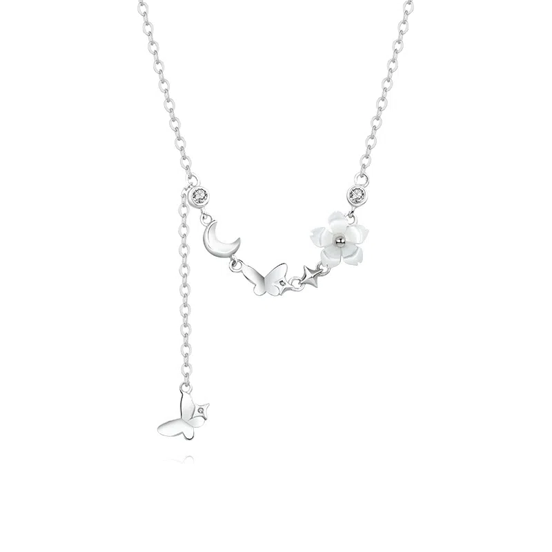 【999足银纯银 花飞碟舞 】 七好美银 蝴蝶花朵流苏轻奢精致氛围感仙气法式高级浪漫梦幻小众配饰潮流日常百搭锁骨链#好运 首饰 项链 女款