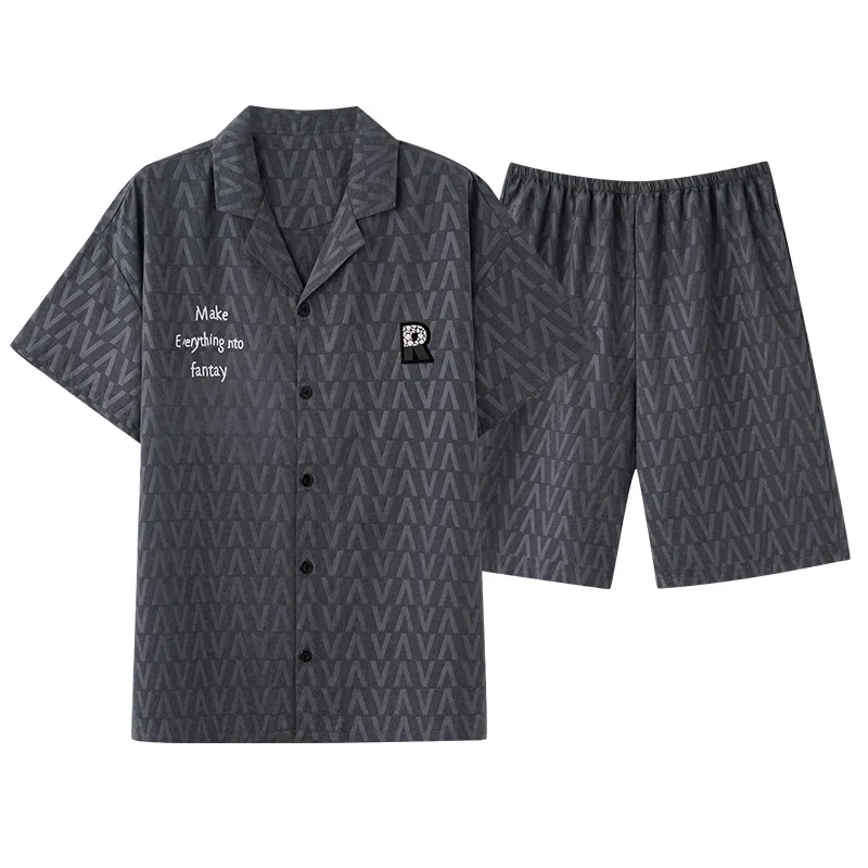 莫代尔 慵懒随性气质时尚百搭翻领开衫舒适亲肤细腻耐磨耐穿休闲简约短袖短裤两件套可外穿睡衣套装 男款