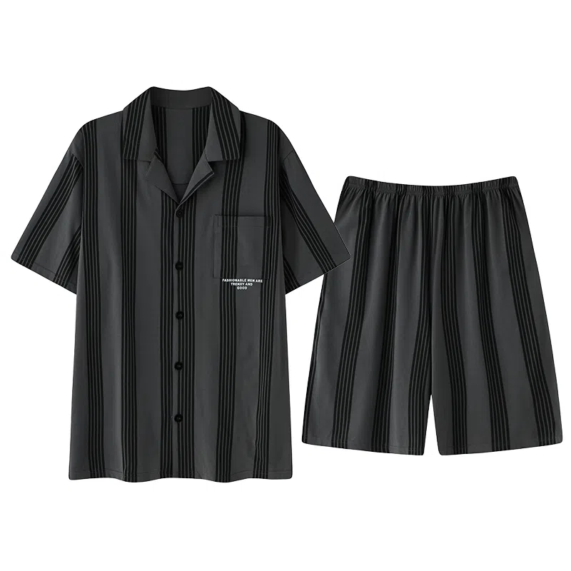 俏韵 短袖亲肤条纹翻领家居服可外穿睡衣套装 男款