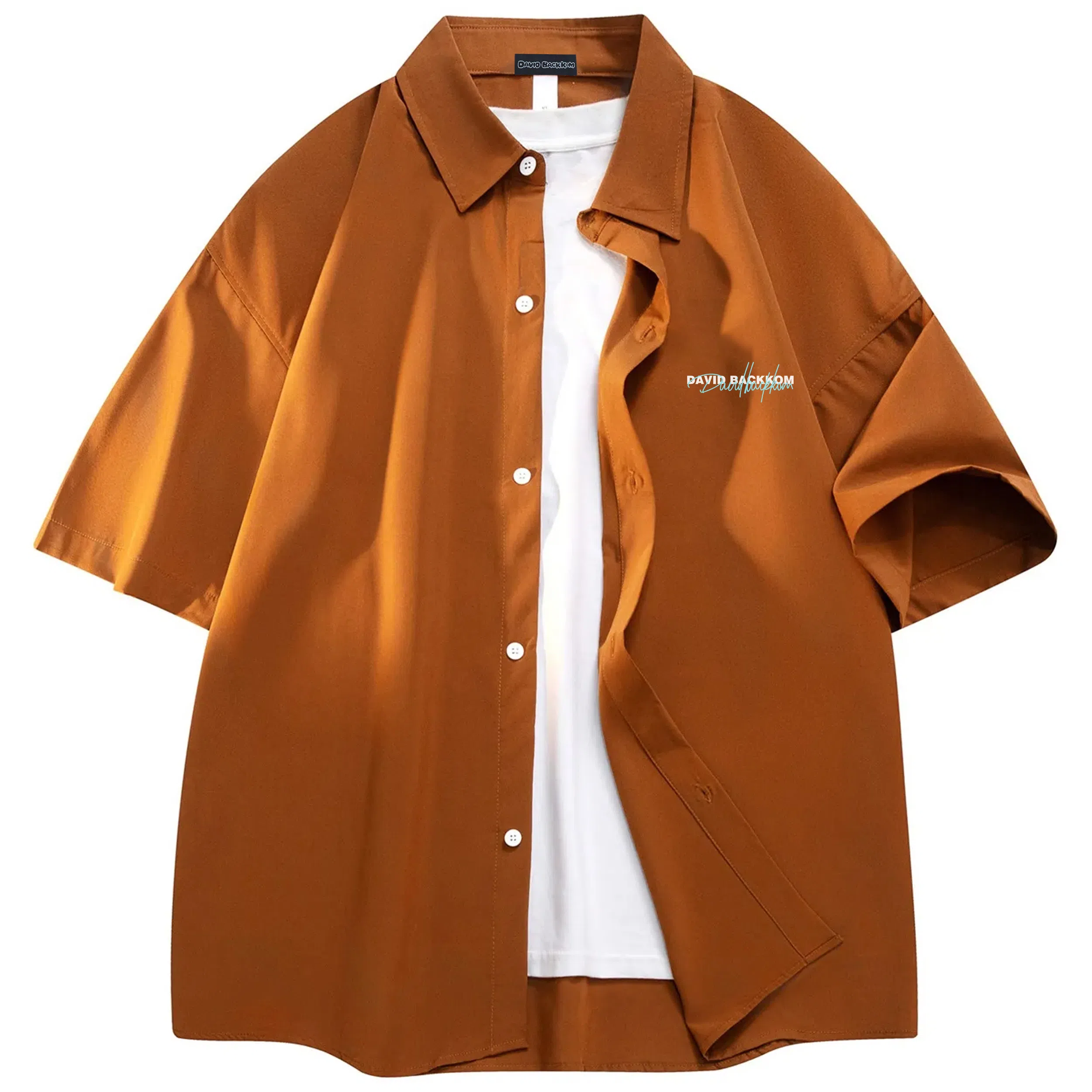 大卫贝肯 潮牌美式高级感重叠撞色字母小众设计时尚基础款纯色简约复古休闲运动百搭透气冰丝宽松翻领单排扣冰感短袖衬衫 男女同款