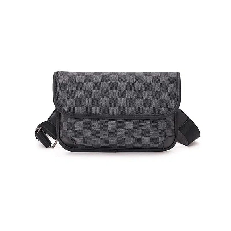 老人头 潮流撞色复古格子轻便实用潮流百搭时尚个性 合成革 斜挎包 男款 黑色