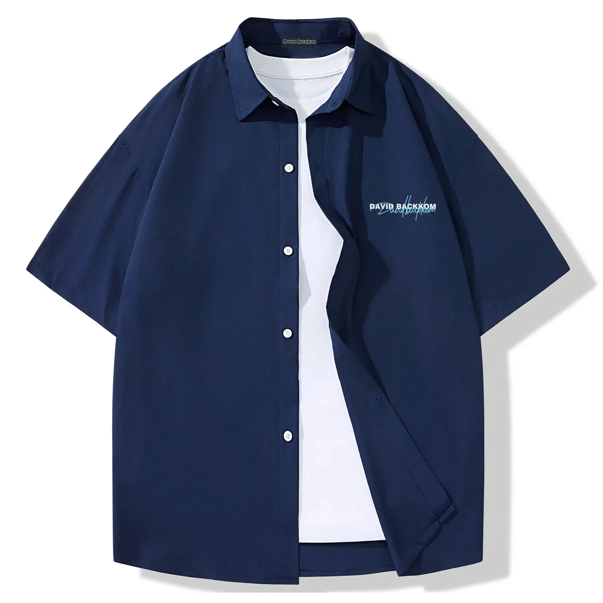 大卫贝肯 潮牌美式高级感重叠撞色字母小众设计时尚基础款纯色简约复古休闲运动百搭透气冰丝宽松翻领单排扣冰感短袖衬衫 男女同款