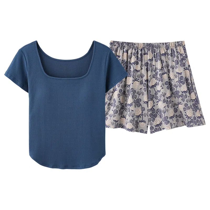 莫代尔 时尚气质方领休闲简约舒适柔软亲肤细腻短袖三分裤带胸垫防凸点家居服可外穿睡衣套装 女款