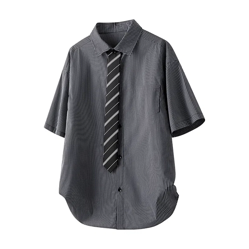 颂希尔 细格子领带设计衬衣宽松薄款潮牌夏季短袖衬衫 男女同款