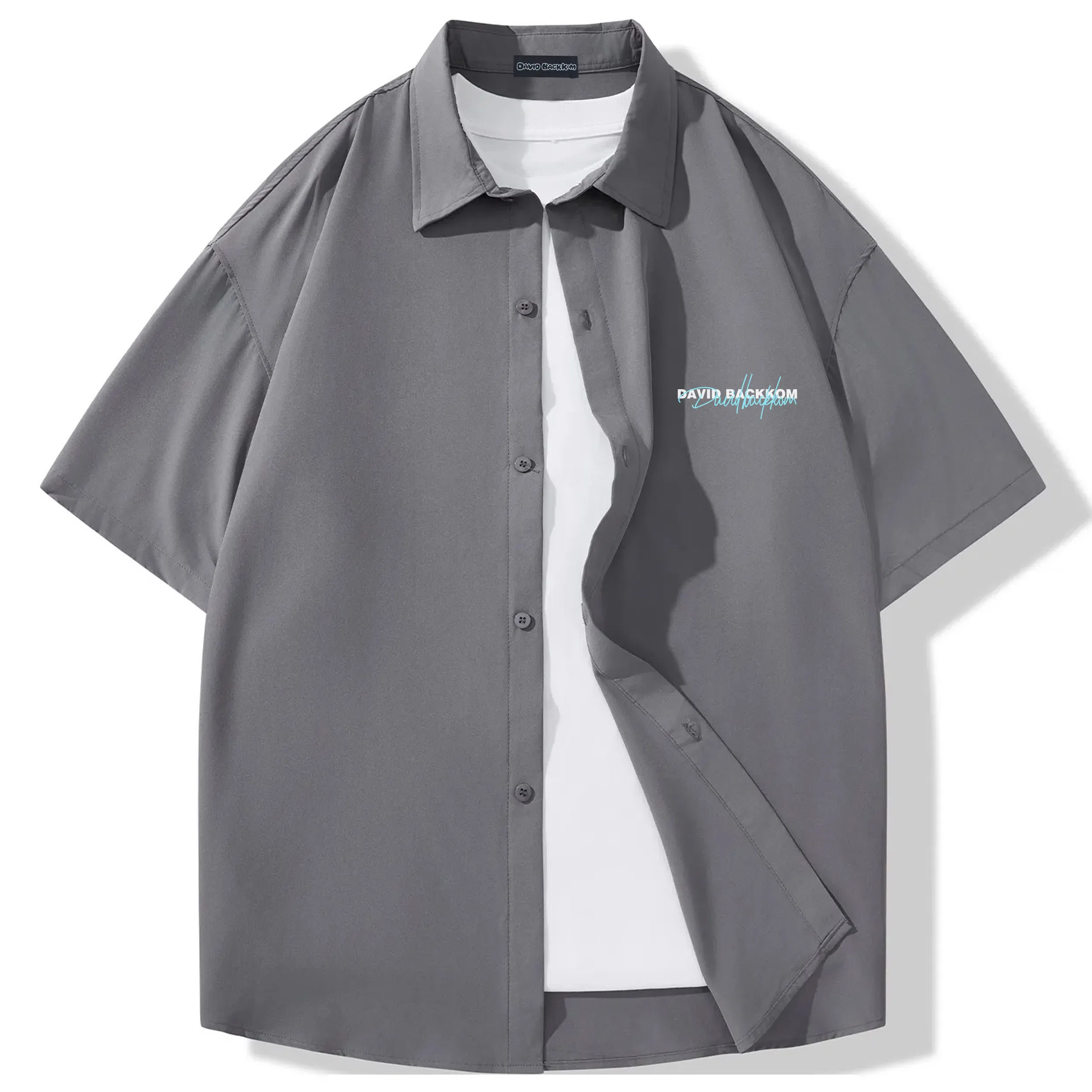 大卫贝肯 潮牌美式高级感重叠撞色字母小众设计时尚基础款纯色简约复古休闲运动百搭透气冰丝宽松翻领单排扣冰感短袖衬衫 男女同款