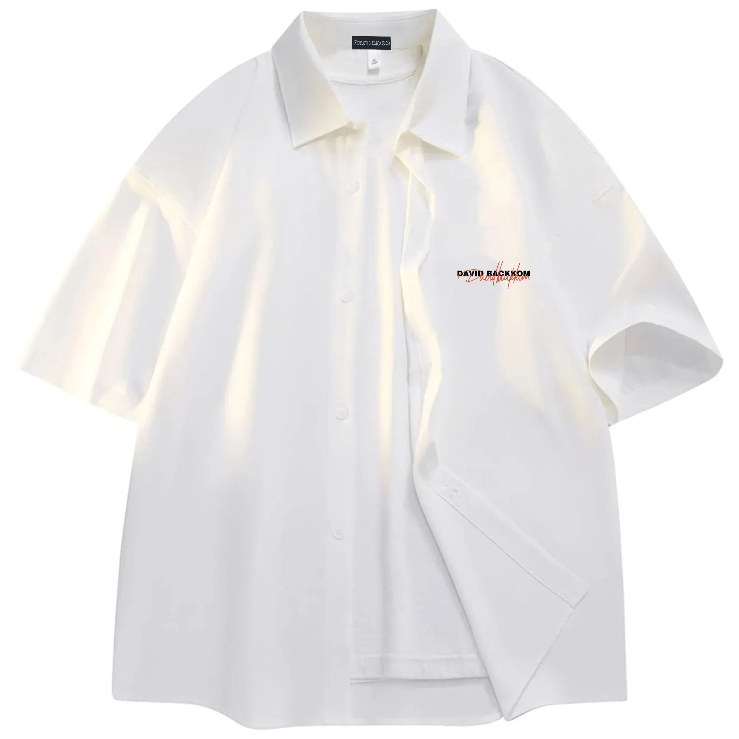 大卫贝肯 潮牌美式高级感重叠撞色字母小众设计时尚基础款纯色简约复古休闲运动百搭透气冰丝宽松翻领单排扣冰感短袖衬衫 男女同款