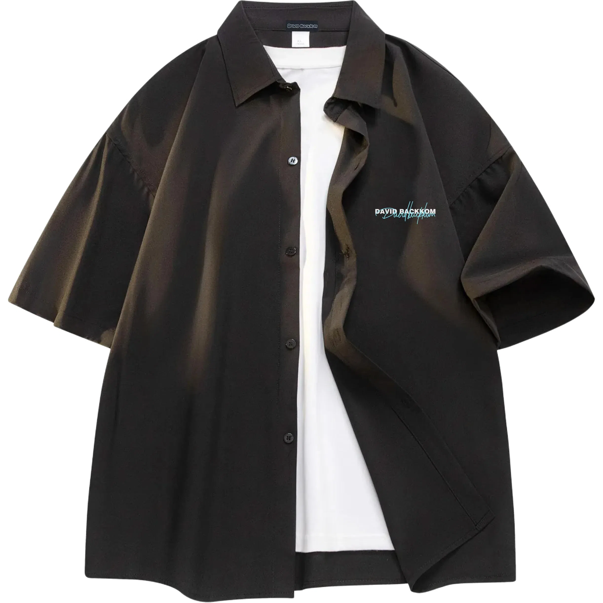 大卫贝肯 潮牌美式高级感重叠撞色字母小众设计时尚基础款纯色简约复古休闲运动百搭透气冰丝宽松翻领单排扣冰感短袖衬衫 男女同款