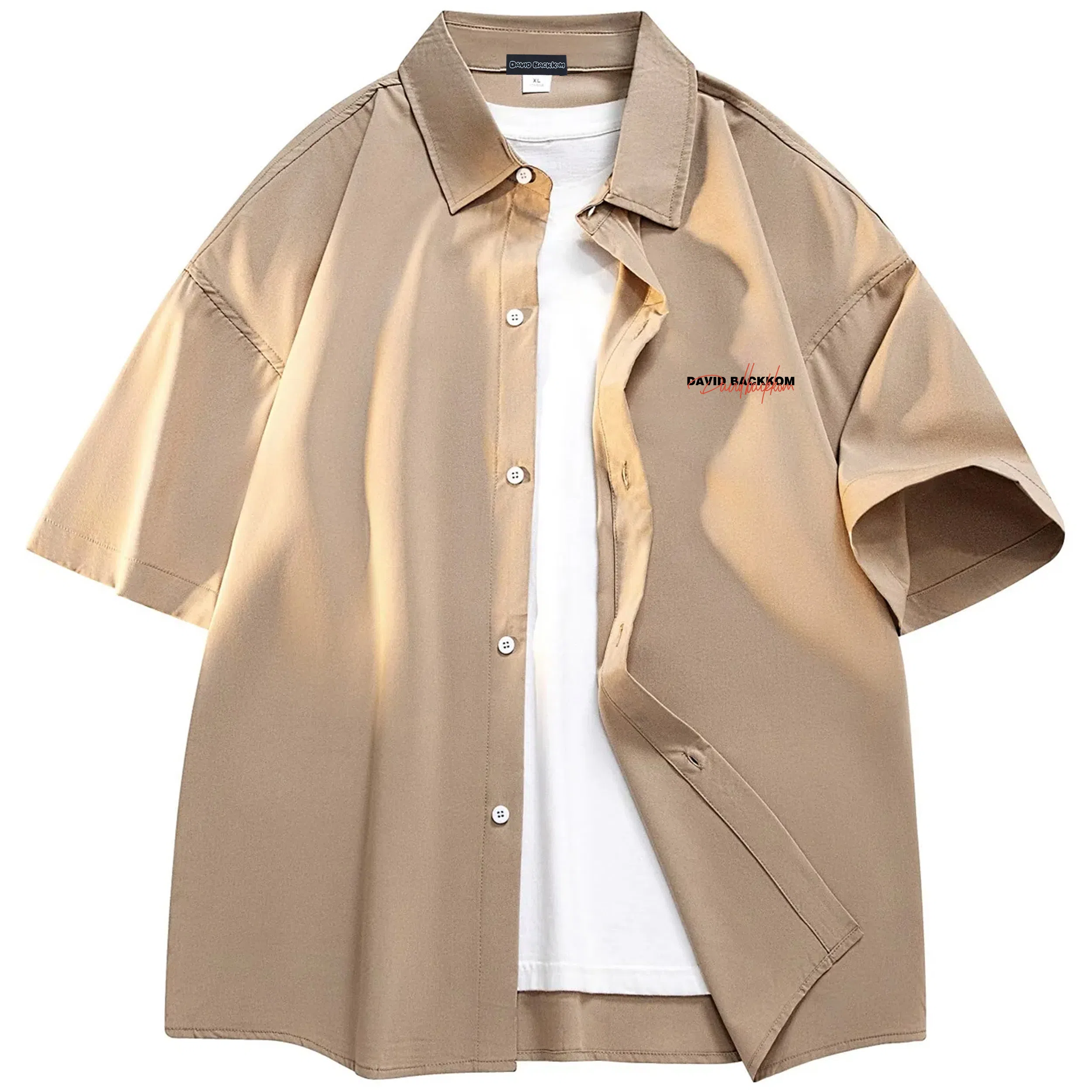 大卫贝肯 潮牌美式高级感重叠撞色字母小众设计时尚基础款纯色简约复古休闲运动百搭透气冰丝宽松翻领单排扣冰感短袖衬衫 男女同款