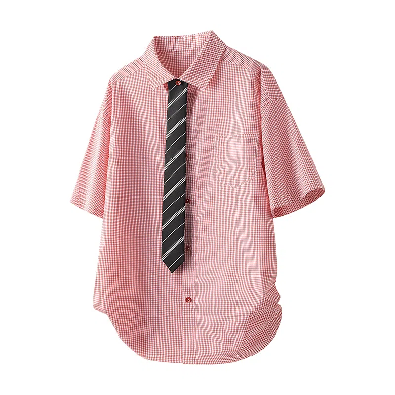 颂希尔 细格子领带设计衬衣宽松薄款潮牌夏季短袖衬衫 男女同款