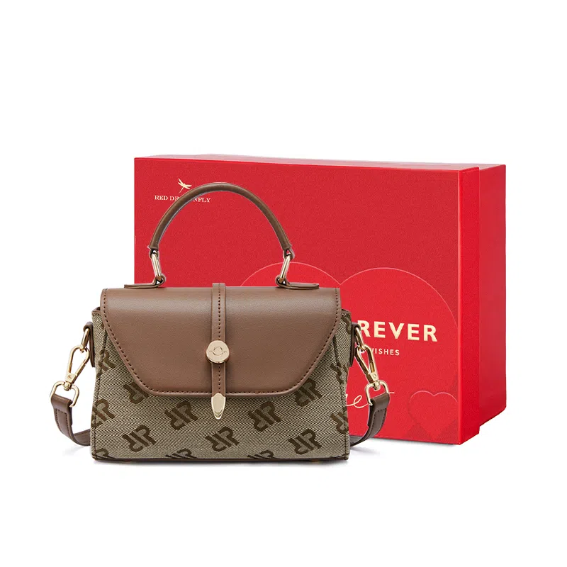 红蜻蜓 经典复古设计妈妈包老花满印时尚百搭包通勤 超细纤维合成革 手提包斜挎包 常规 女款 浅咖啡色